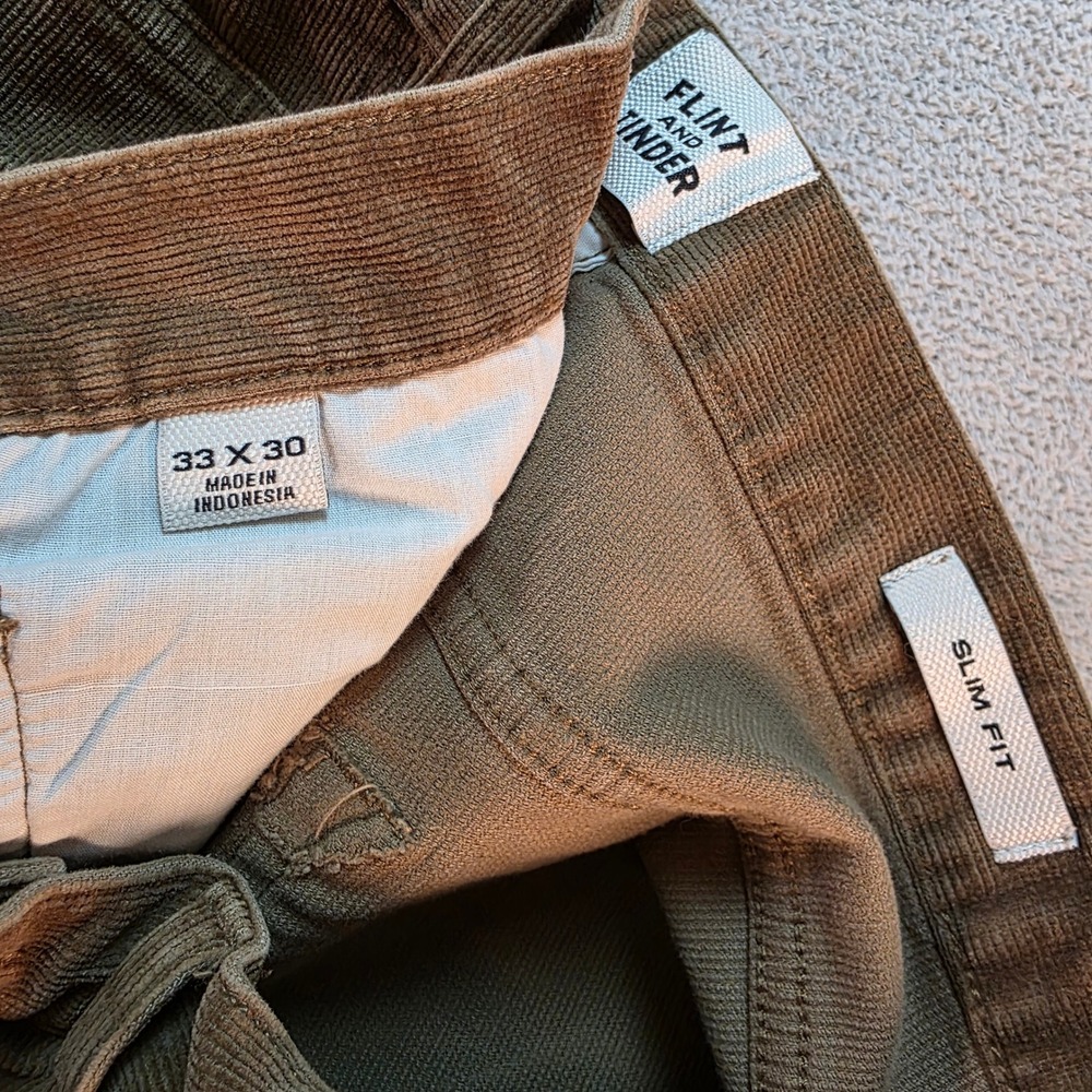 Flint and Tinder 365 Corduroy Pants Mens 33x30 Slim Fit Tan Brown 5-Pocket - Picture 4 of 6